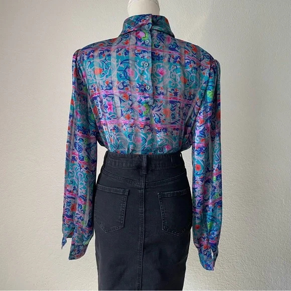 NICOLA AMAZING VINTAGE FLORAL MOCK NECK BUTTON DOWN BALOON SLEEVE BLOUSE TOP - Picture 7 of 16